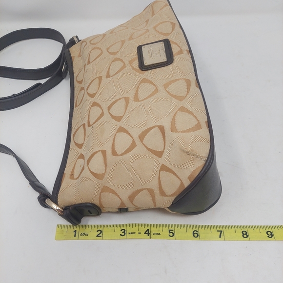 Liz Claiborne Vintage Y2K Tan Canvas Geometric Print Black Leather Shoulder Bag - Picture 9 of 14